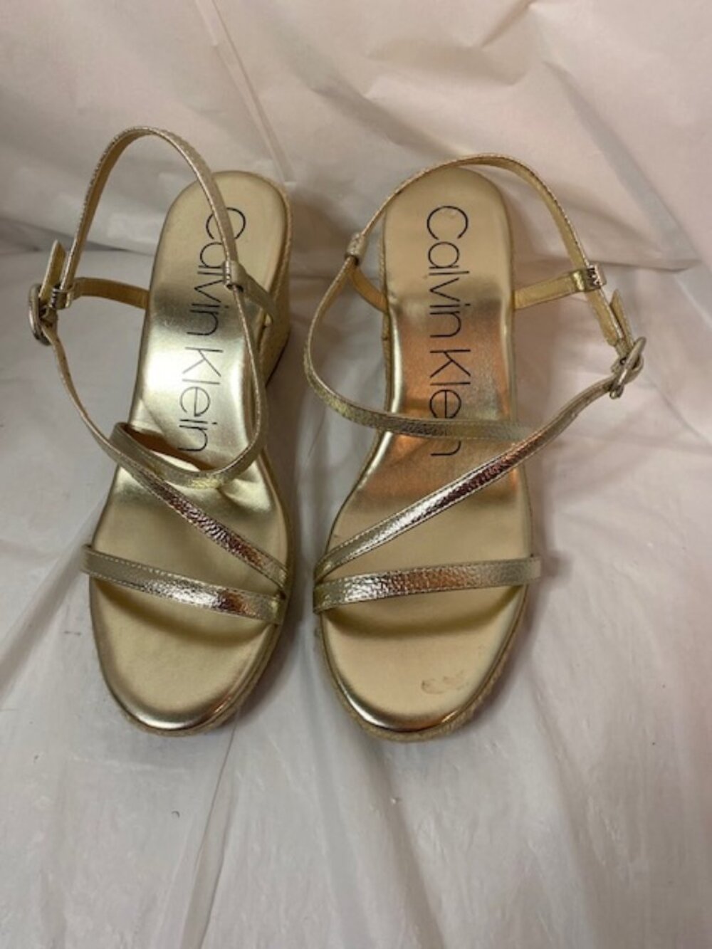 Calvin Klein Blairy2 Metallic Gold Strappy Espadrille Wedge Sandals - Size 9M